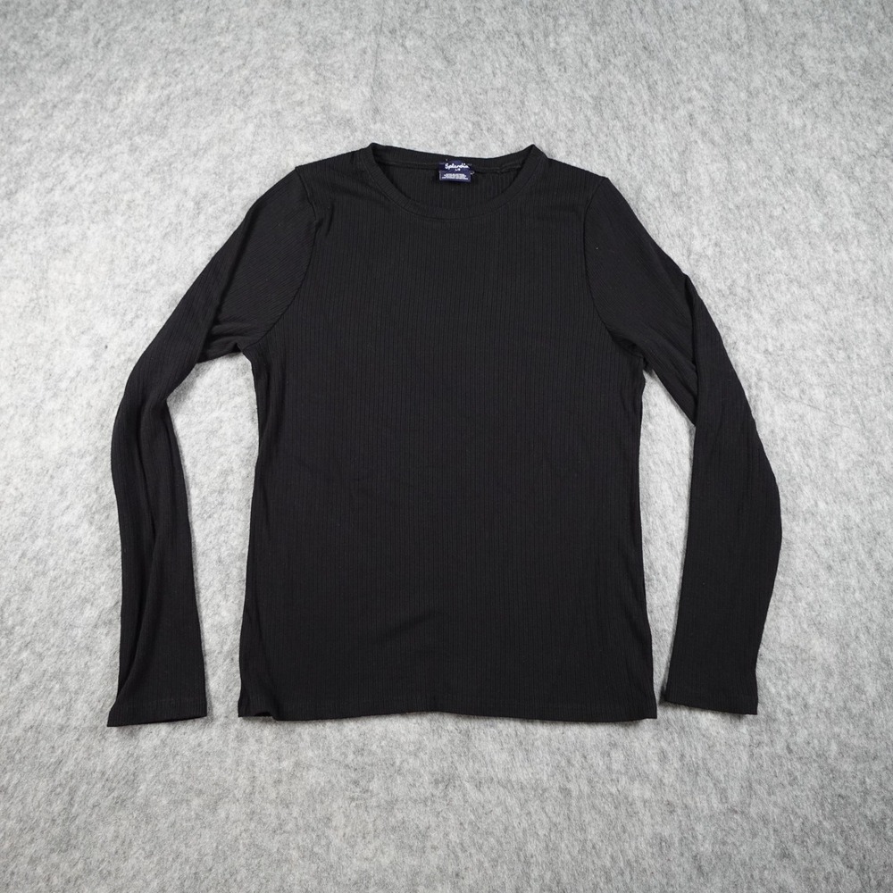 Splendid Top Women Large Black Ribbed Long Sleeve Crew Neck Stretch‎ Minimalist